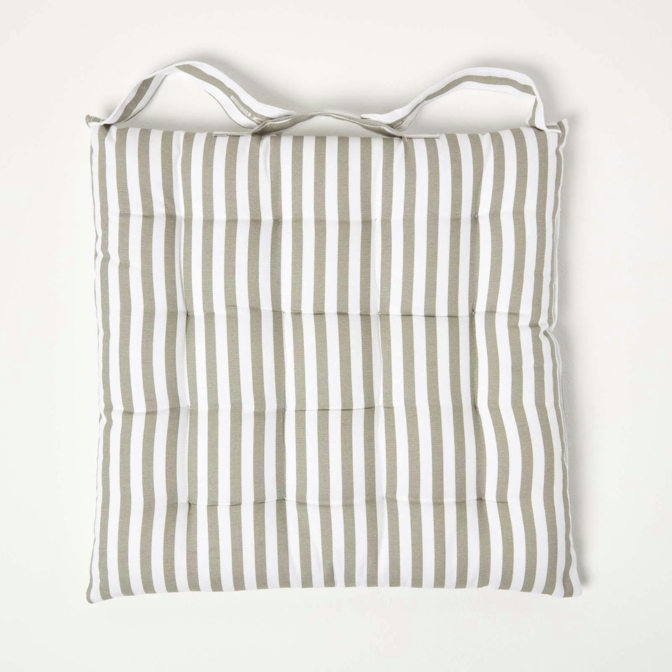 image 1 of Homescapes Seat Pad Luxury Cotton Stripe Indoor Outdoor Garden Dining Cushion | Grey | 40 x 40 cm | 1