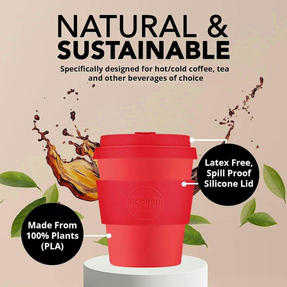 image 1 of Ecoffee Cup 8oz 240ml Reusable Eco-Friendly 100% Plant Based Coffee Cup with Silicone Lid & Sleeve - Melamine Free Travel Mug N/A | Meridian Gate
