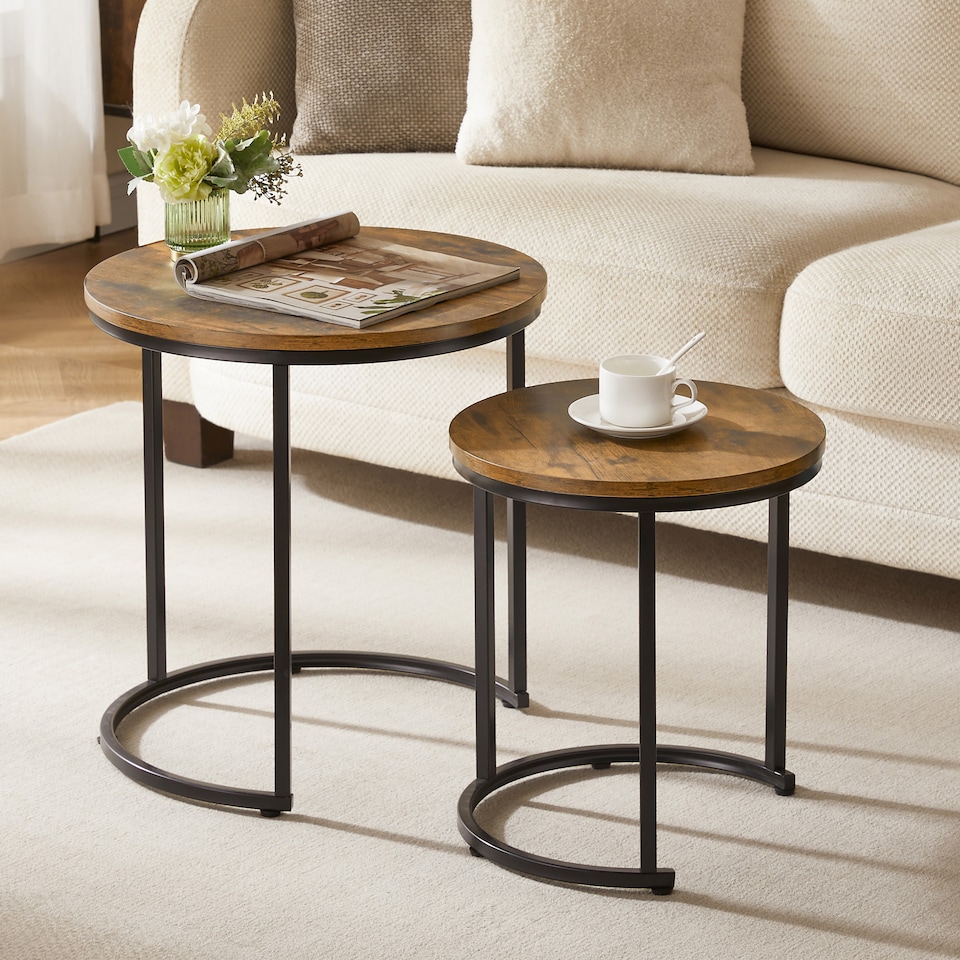 image 1 of Vida Designs Brooklyn Round Nest of Tables 2 Piece Set Nesting Sofa Bedside Side Table, Dark Wood