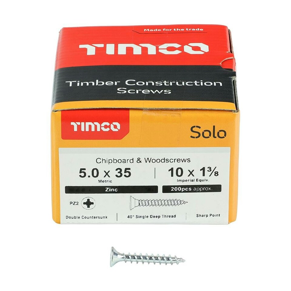image 1 of Timco - Solo Chipboard & Woodscrews - PZ - Double Countersunk - Zinc (Size 5.0 x 35 - 200 Pieces)