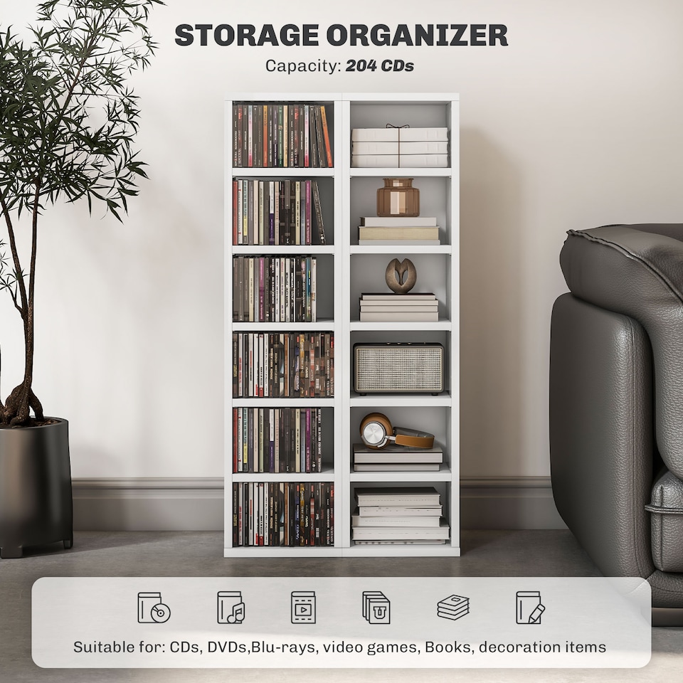 image 1 of HOMCOM 204 CD Media Display Shelf Unit Set of 2 Blu-Ray Tower Rack w  Adjustable Shelves Bookcase Storage Organiser, High Gloss White