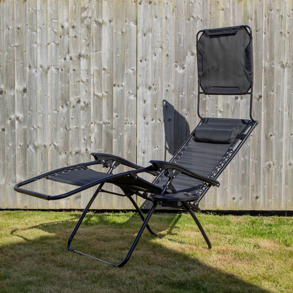 image 1 of Multi Position Garden Gravity Relaxer Chair Sun Lounger with Sun Canopy in Black | Black | Black