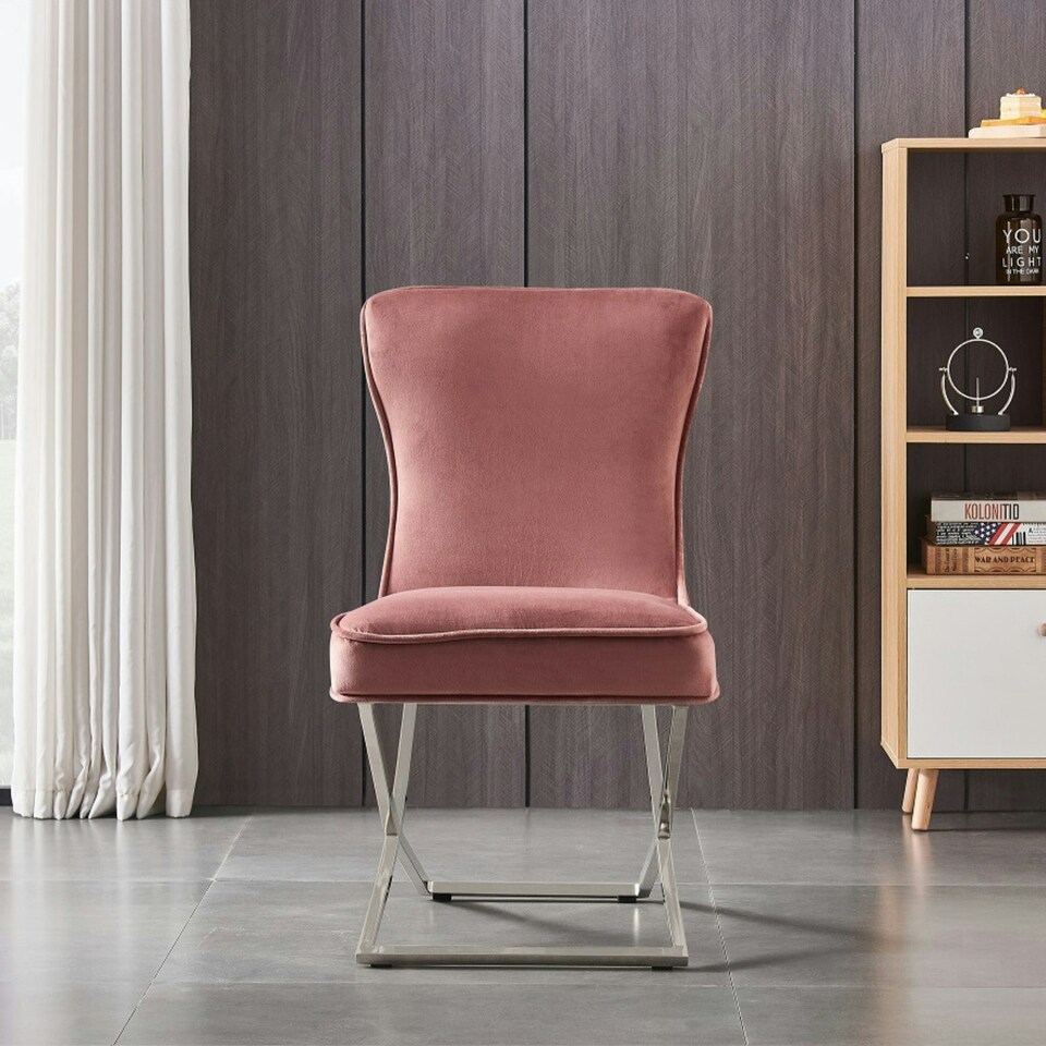 image 1 of Set of 2 Trafalgar Velvet Dining Chairs with Gold Crossed Legs - Modern Upholstered Accent Chair | Pink