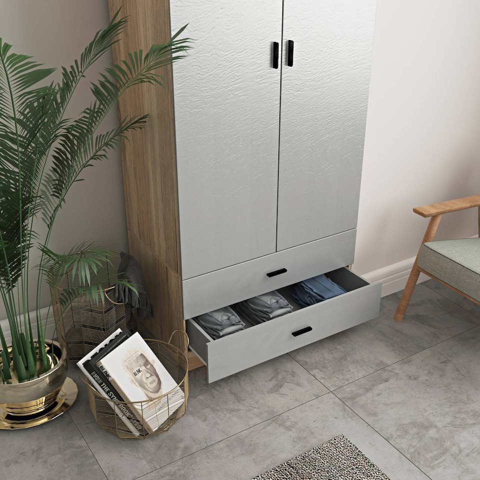image 1 of 2-Door 2-Drawer Wardrobe with Storage Shelf, and Hanging Space - 180x75x46cm | Brown | Oak & Grey | 1