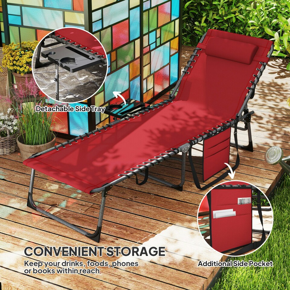 image 1 of Outsunny Folding Sun Lounger with 5-Level Reclining Back, Side Table, Beige