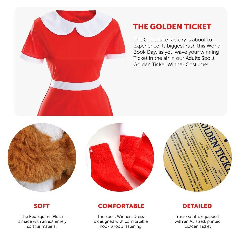 image 1 of Spoilt Golden Ticket Winner Costume, Dress, Ticket & Squirrel | Red | XL
