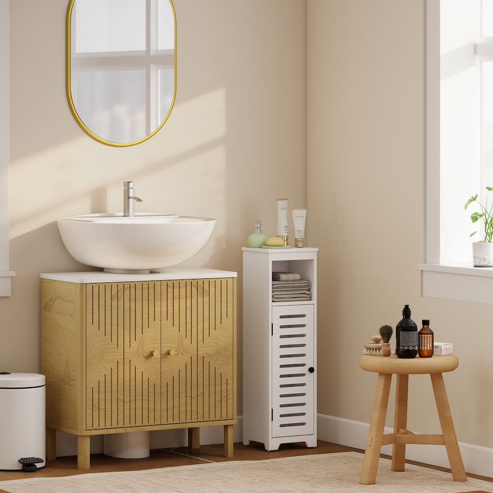 image 1 of HOMCOM Slim Bathroom Floor Cabinet with Louvered Door, Bathroom Storage Unit with Open Shelf, Adjustable Shelf, Freestanding Bathroom Cabinet Storage Cupboard, for Bathroom Living Room Kitchen, White