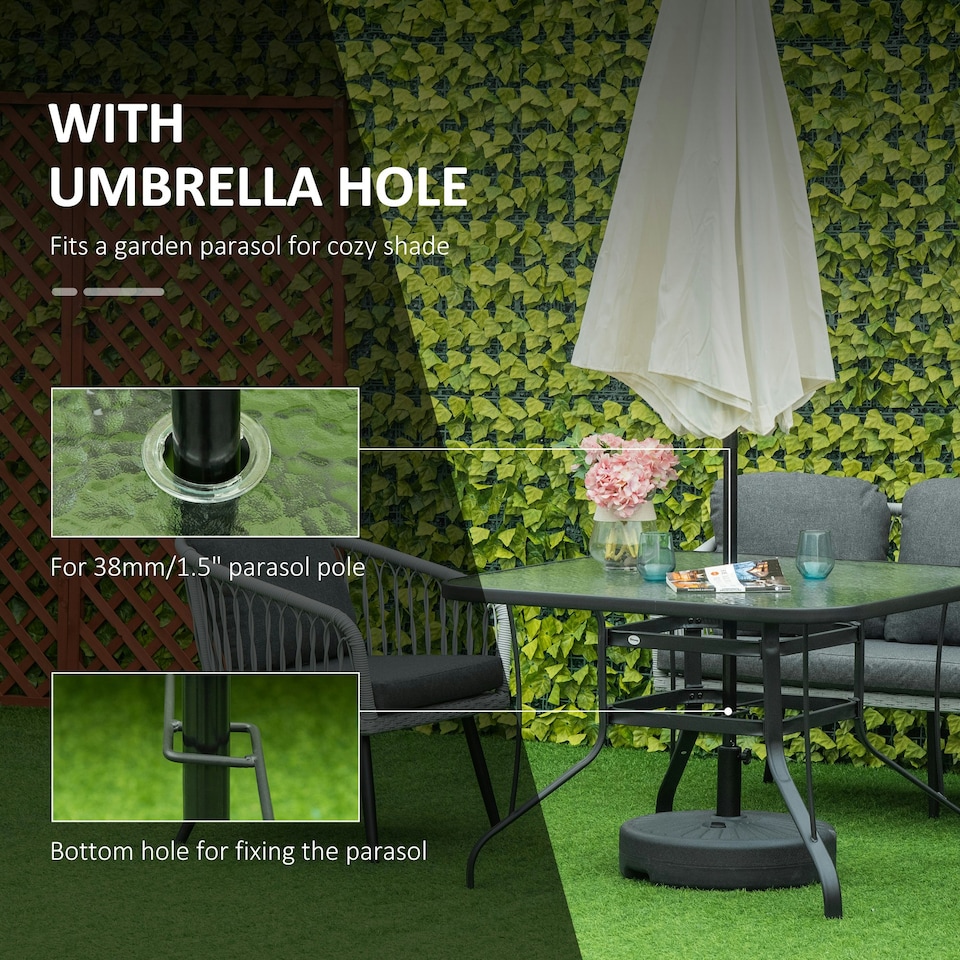 image 1 of Outsunny 106.5cm Square Patio Dining Table with Parasol Hole, Glass Top