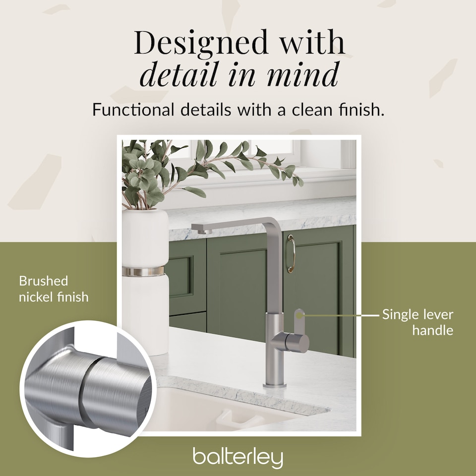 image 1 of Balterley Chara Kitchen Mono Mixer Tap with Single Lever Handle, Curved Swivel Spout | Silver | Brushed Nickel | 1