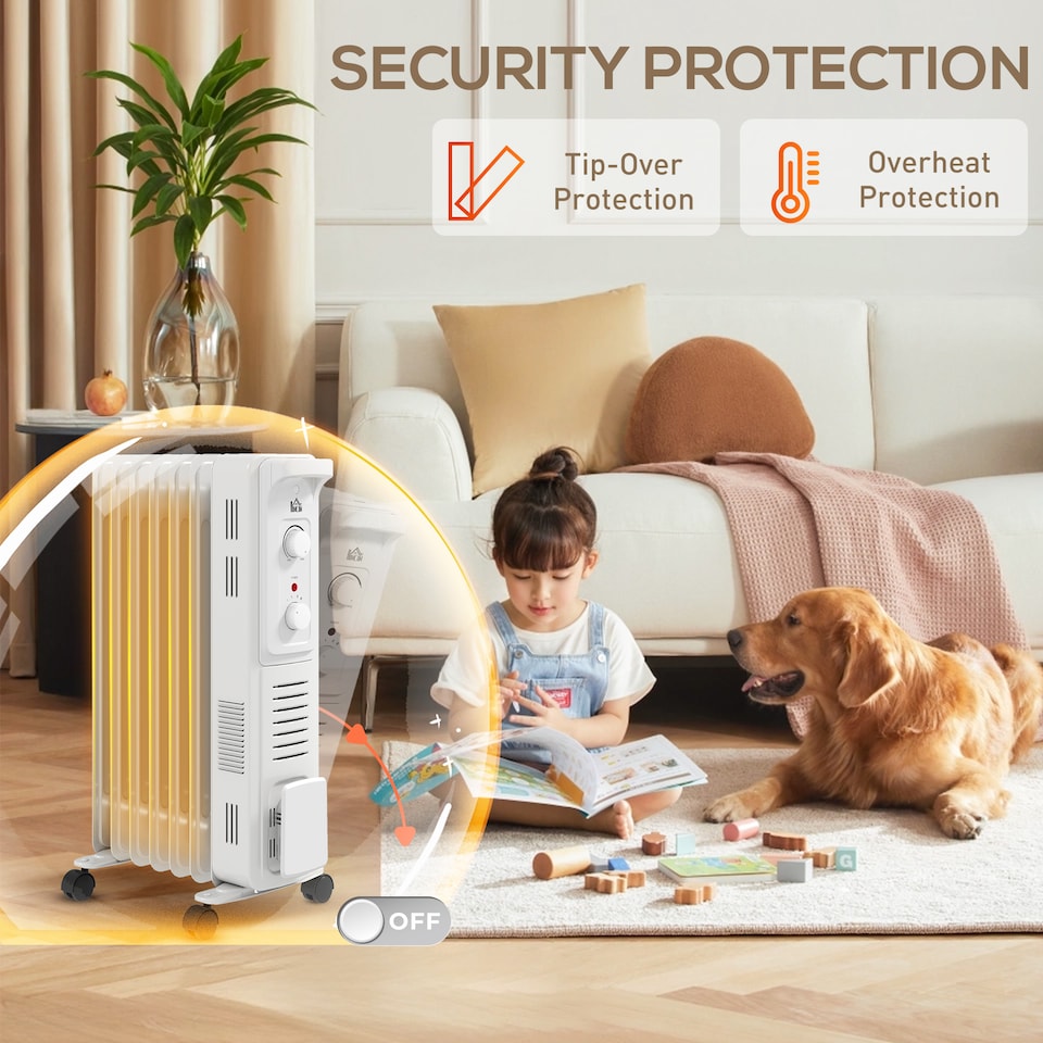 image 1 of HOMCOM 1500W Quiet Oil Filled Radiator, 7 Fin Energy Efficient Portable Electric Heater with 3 Heat Settings, Adjustable Thermostat, Safety Tip Over, Overheat Protection, for Home, White