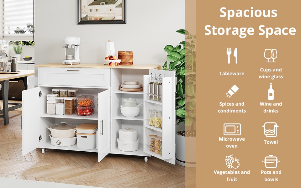 image 1 of VILUXE Mobile Kitchen Island with Foldable Worktop, Drawer, Adjustable Cabinets, 3 Door Spice Racks, Towel Rail and 5 Wheels, White and Natural Wood