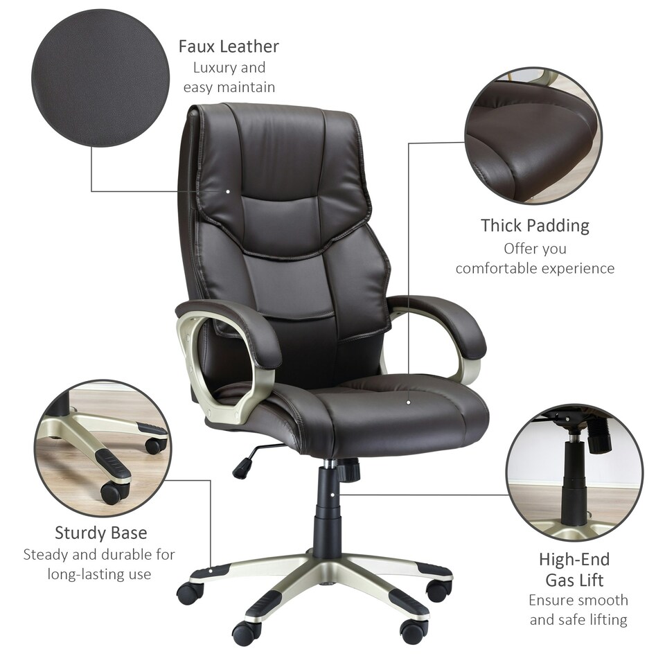 image 1 of HOMCOM Executive Office Chair Faux Leather Computer Desk Chair w/ Wheel Brown