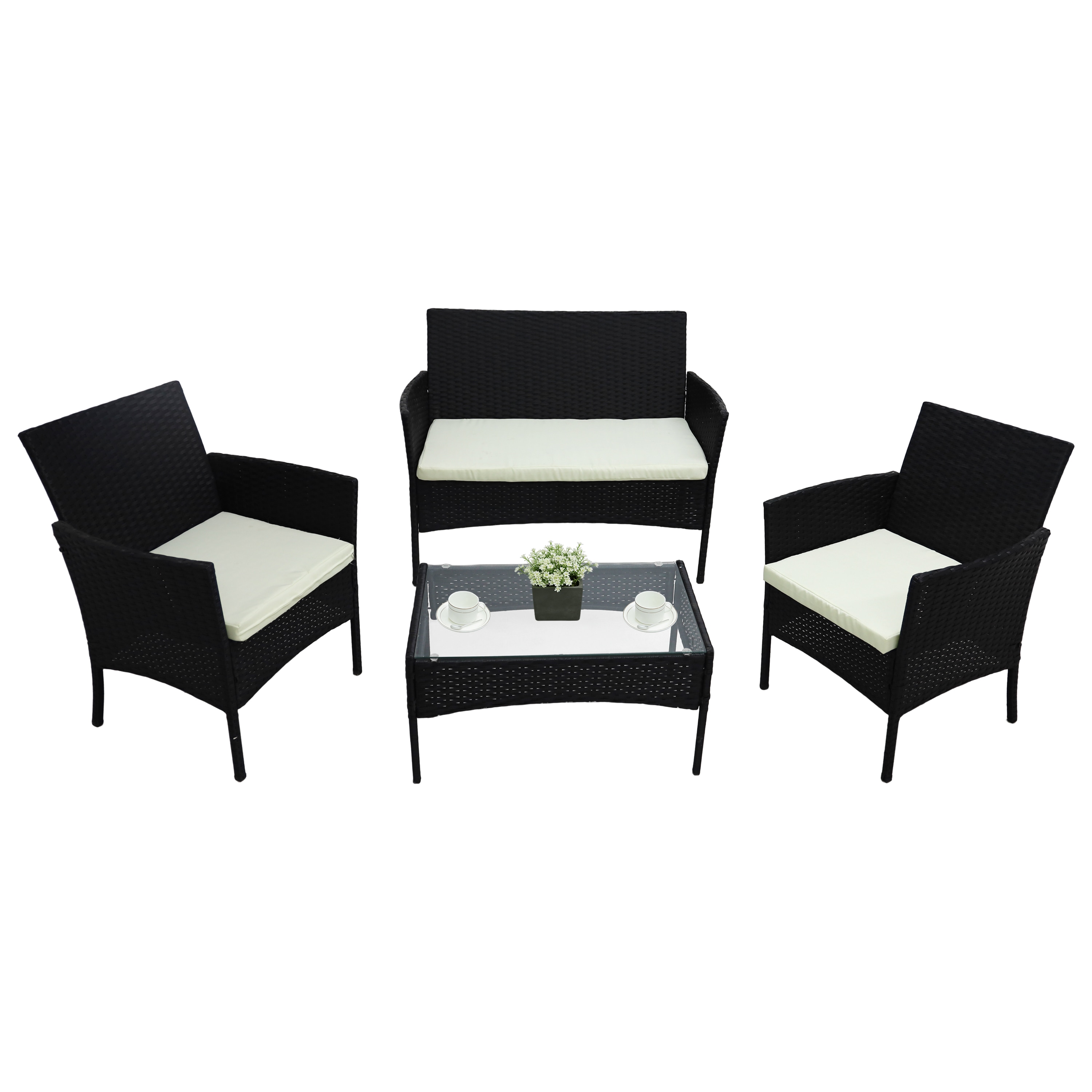 Alivio 4 Piece Rattan Sofa Set Patio Furniture with Coffee Table Weather Resistant UV Protected Cushions for Indoor Outdoor Use | Black | 1