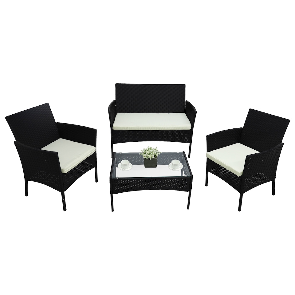 image 1 of Alivio 4 Piece Rattan Sofa Set Patio Furniture with Coffee Table Weather Resistant UV Protected Cushions for Indoor Outdoor Use | Black | 1