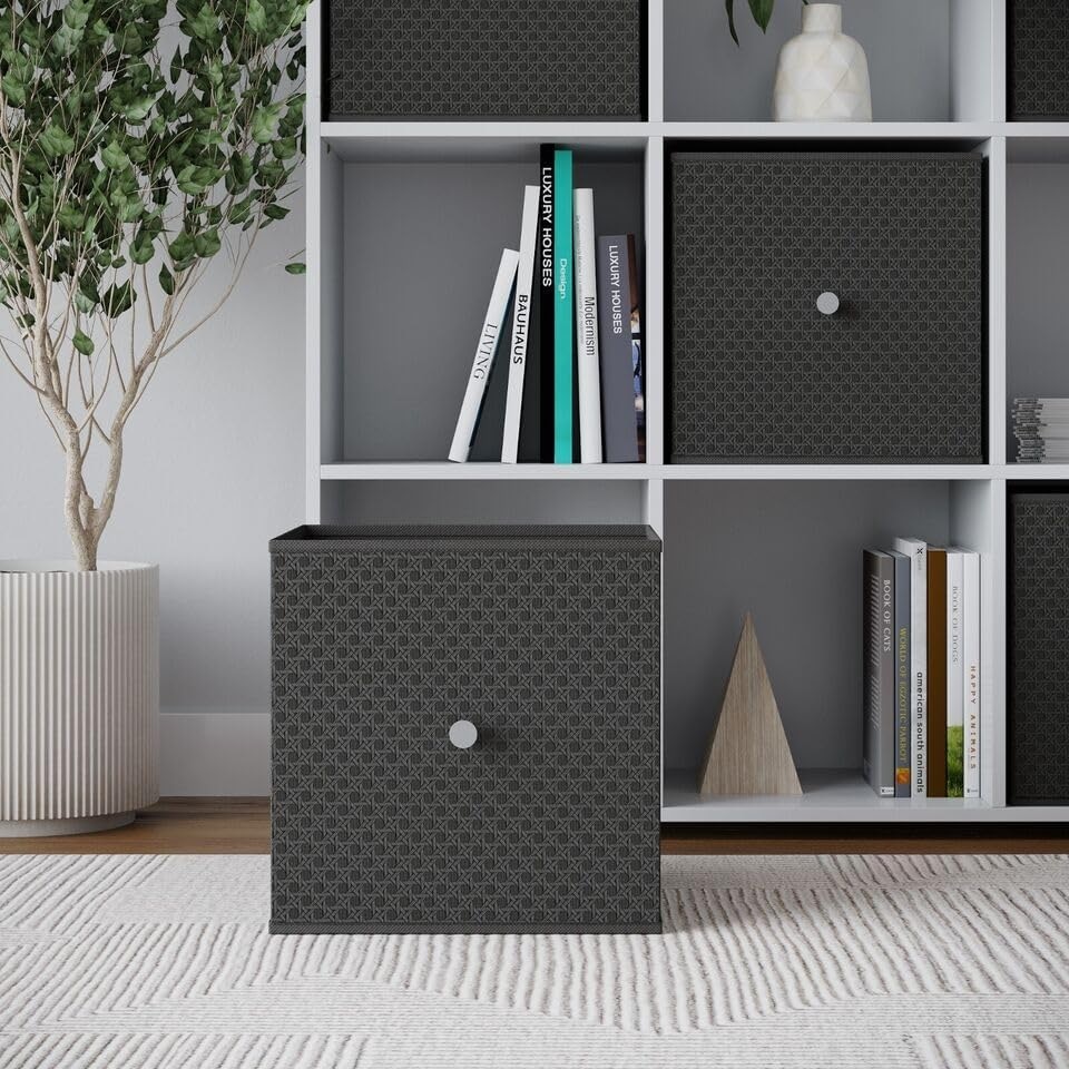 image 1 of Foldable Woven Fabric Storage Cube Box Drawer Insert Organiser Basket with Handle | Grey | Dark Grey | Pack of 1 | 1