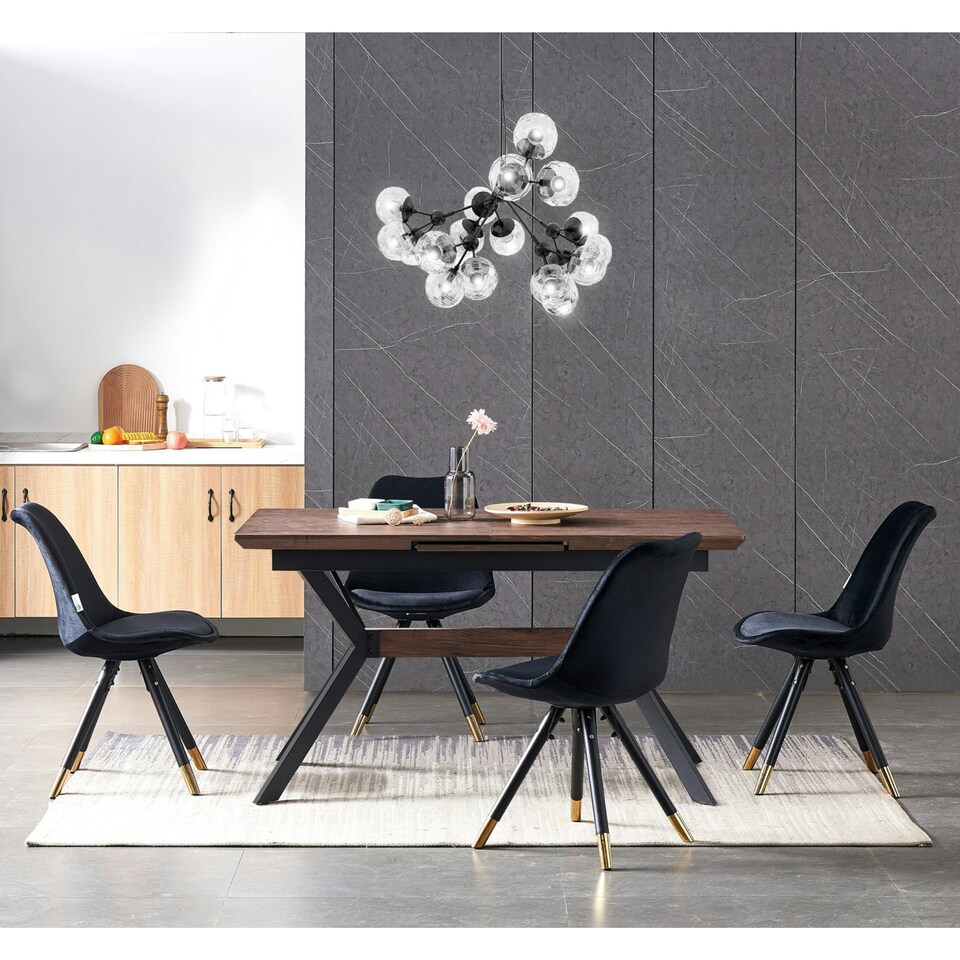 image 1 of Set of 2 Sofia Ergonomic Modern Dining Chairs Upholstered in Velvet, Metal Legs with Gold End Tips Black