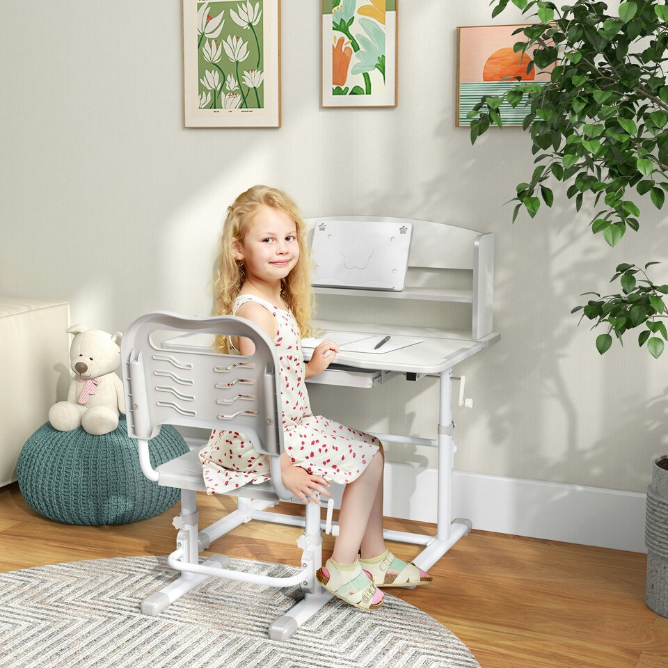 image 1 of ZONEKIZ Height Adjustable Kids Desk and Chair Set, with Drawer, Bookshelf Grey