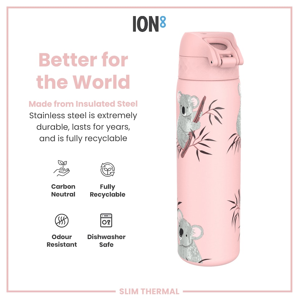 image 1 of Leak Proof Slim Water Bottle, Vacuum Insulated, 500ml (17oz) | Pink | Koala | One Size
