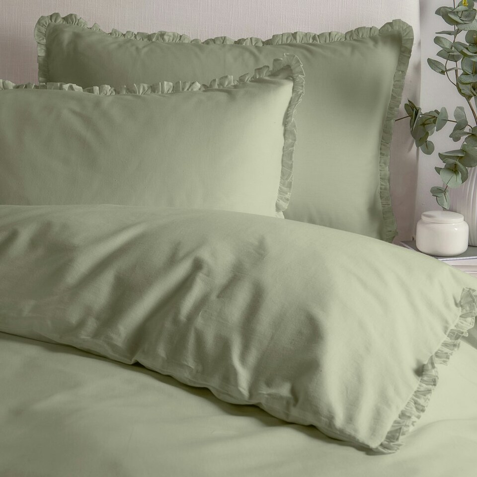image 1 of Wylder Tilly 100% Cotton Ruffle Double Duvet Cover Set Green | Double