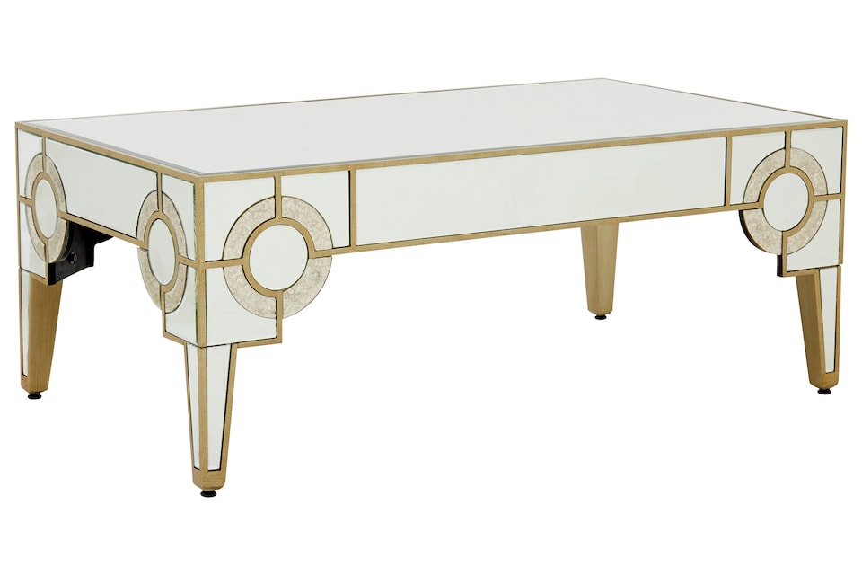image 1 of Art Deco Coffee Table, Antique Finished Accent Table,Mirrored Top Center Table,Decorative Livingroom Table | Gold
