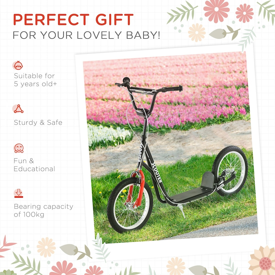 image 1 of HOMCOM 90-96cm Kids Kick Scooter w/ Adjustable Handlebar Inflatable Wheels Black