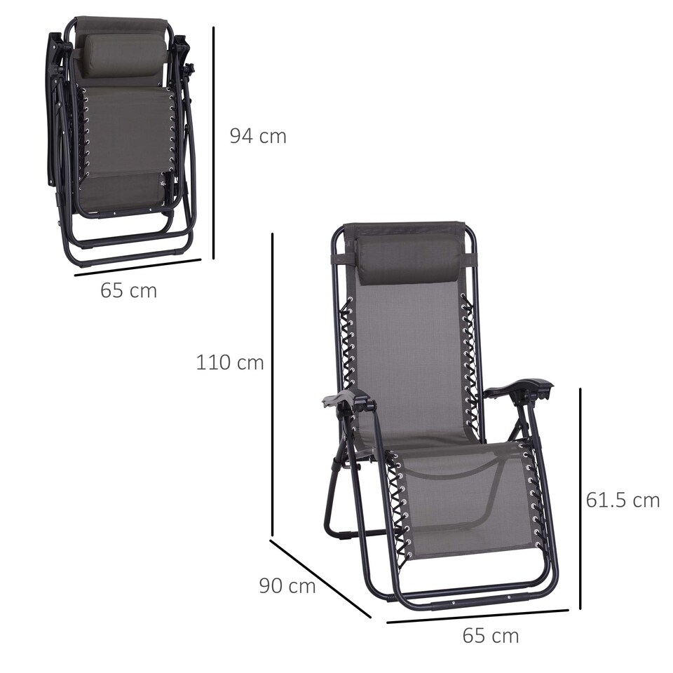 image 1 of Outsunny Zero Gravity Chair Metal Frame, Reclining Lounger w/ Pillow Grey