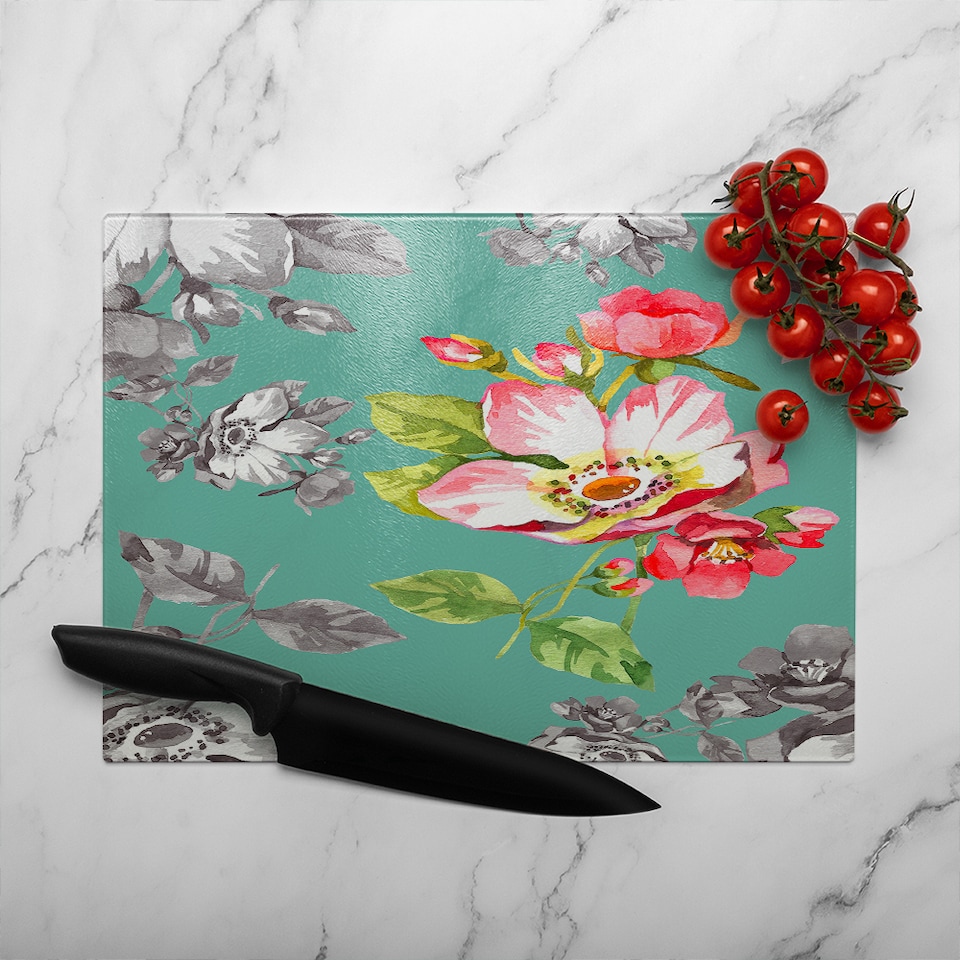 image 1 of Bright Flower On Green Glass Chopping Board | Multi