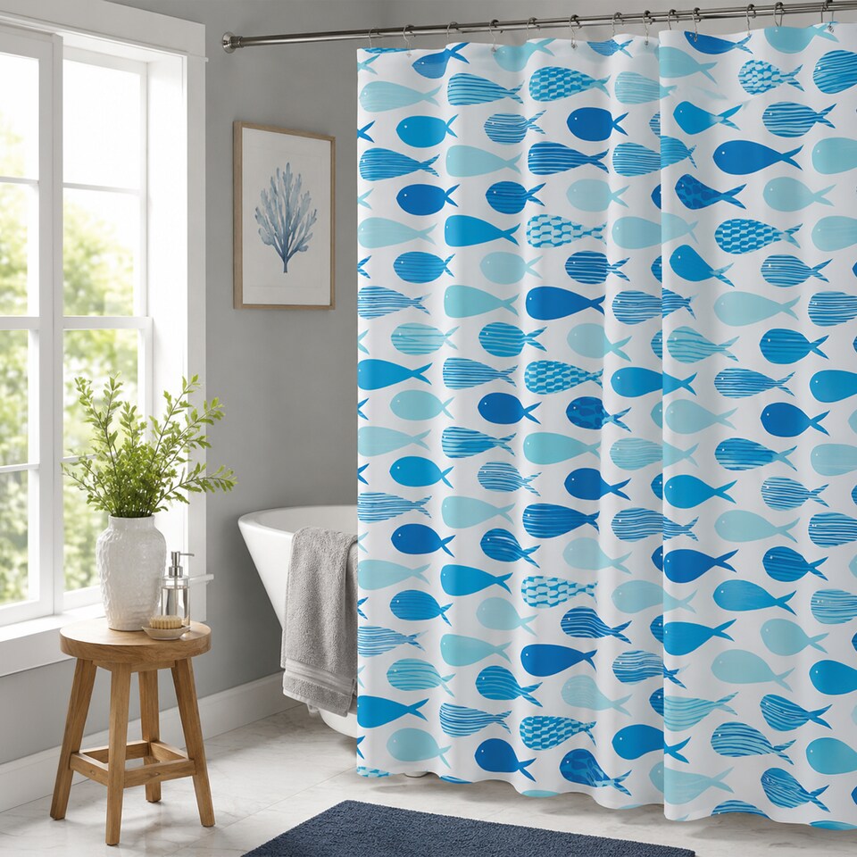 image 1 of Showerdrape Aquarium White & Blue Shower Curtain