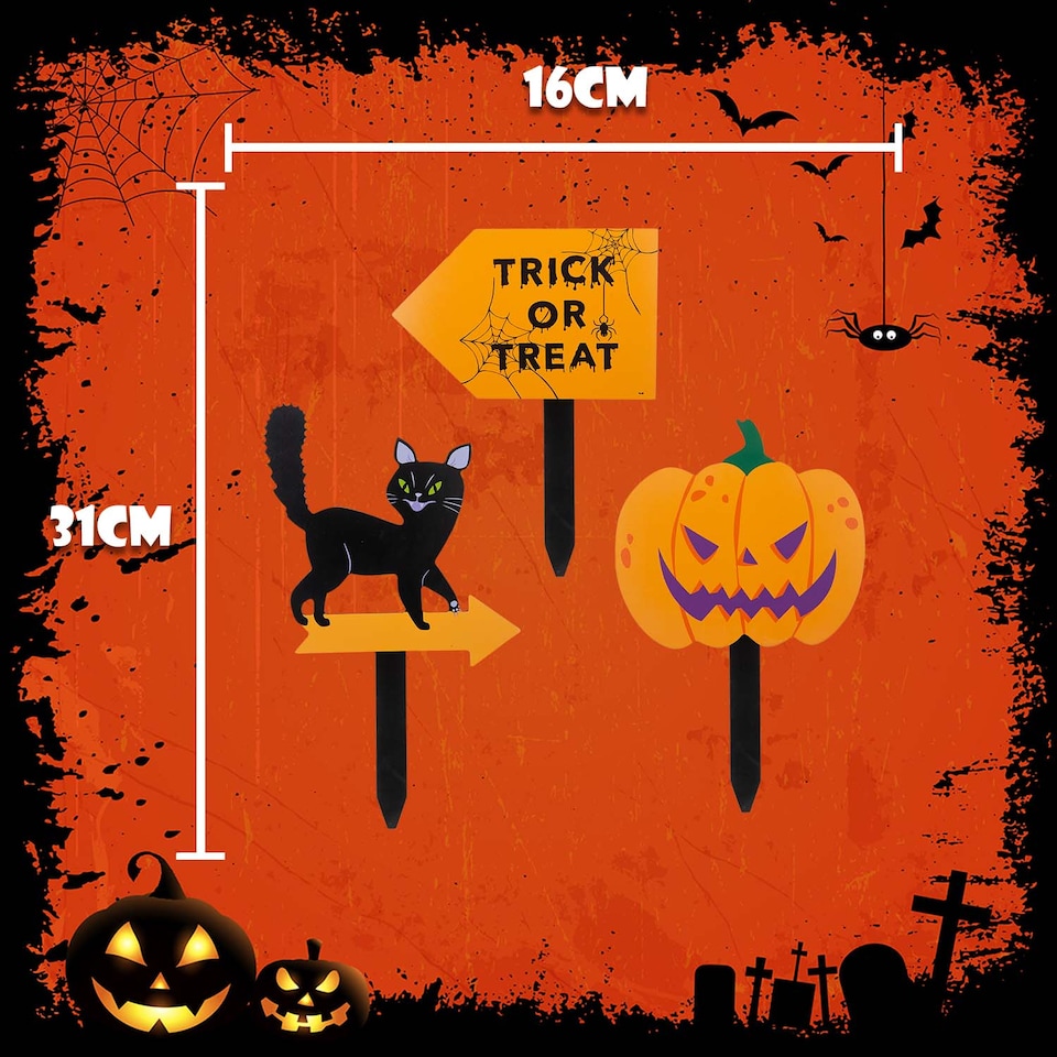 image 1 of vfm-estore Halloween Outdoor Stake Signs 3-Pack - Cat, Pumpkin, Trick or Treat