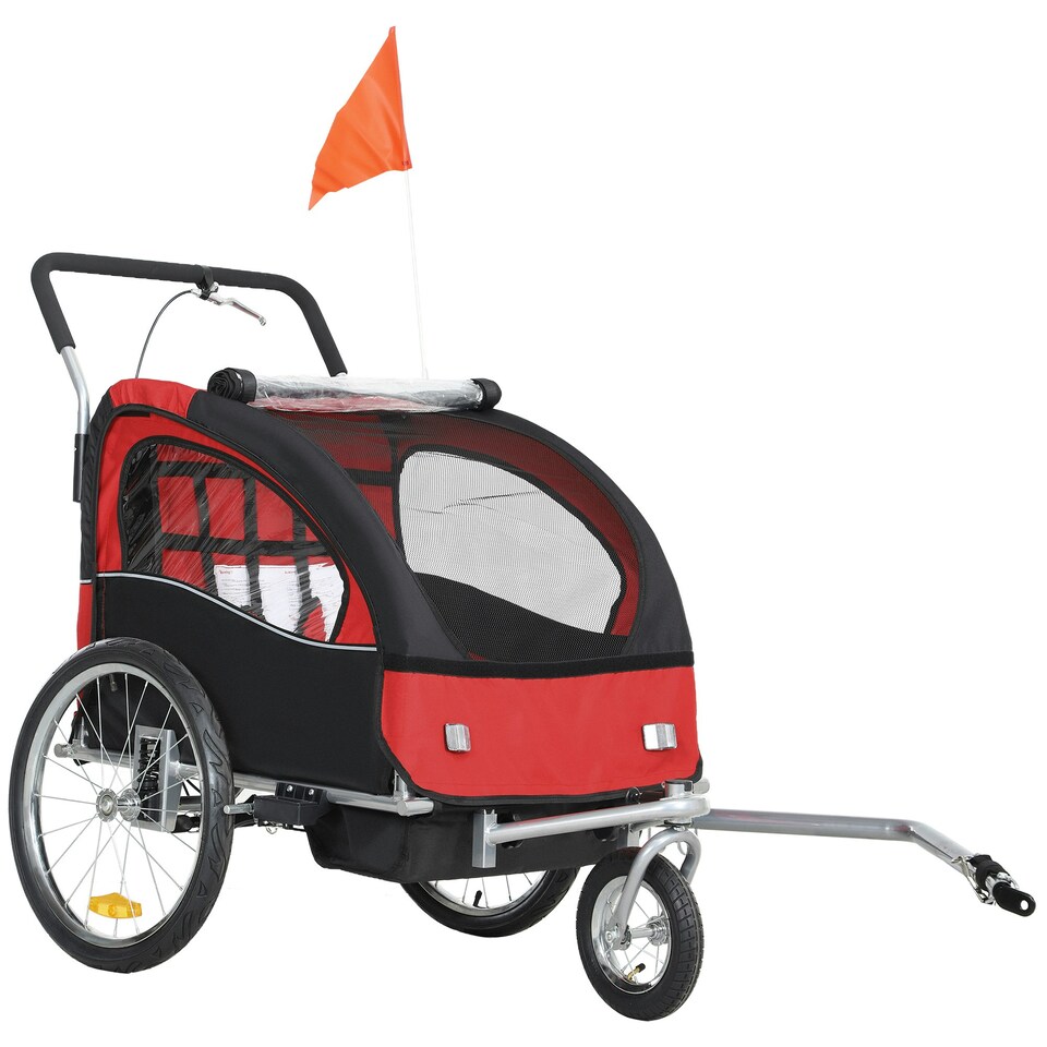 image 1 of HOMCOM 2 Seat Bike Trailer with 5 Point Harness, for 18+ Months, Red