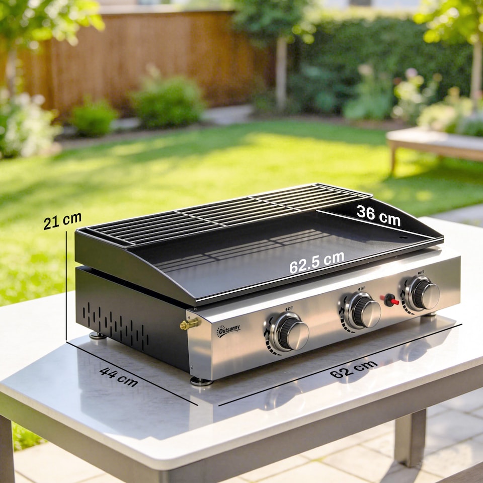 image 1 of Outsunny 3 Burner Grill Griddle, Tabletop Gas BBQ with Grease Cup, Black