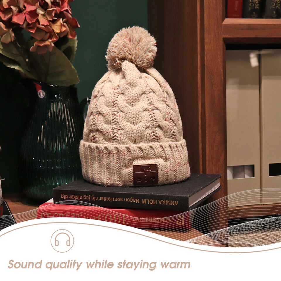 image 1 of Pom Pom Beanie Hat with Rechargeable Bluetooth Wireless Headphones Integrated – Audio, Volume, Call Buttons - Built-In Mic for Hands Free Calls - August EPA30G | Cream | 1