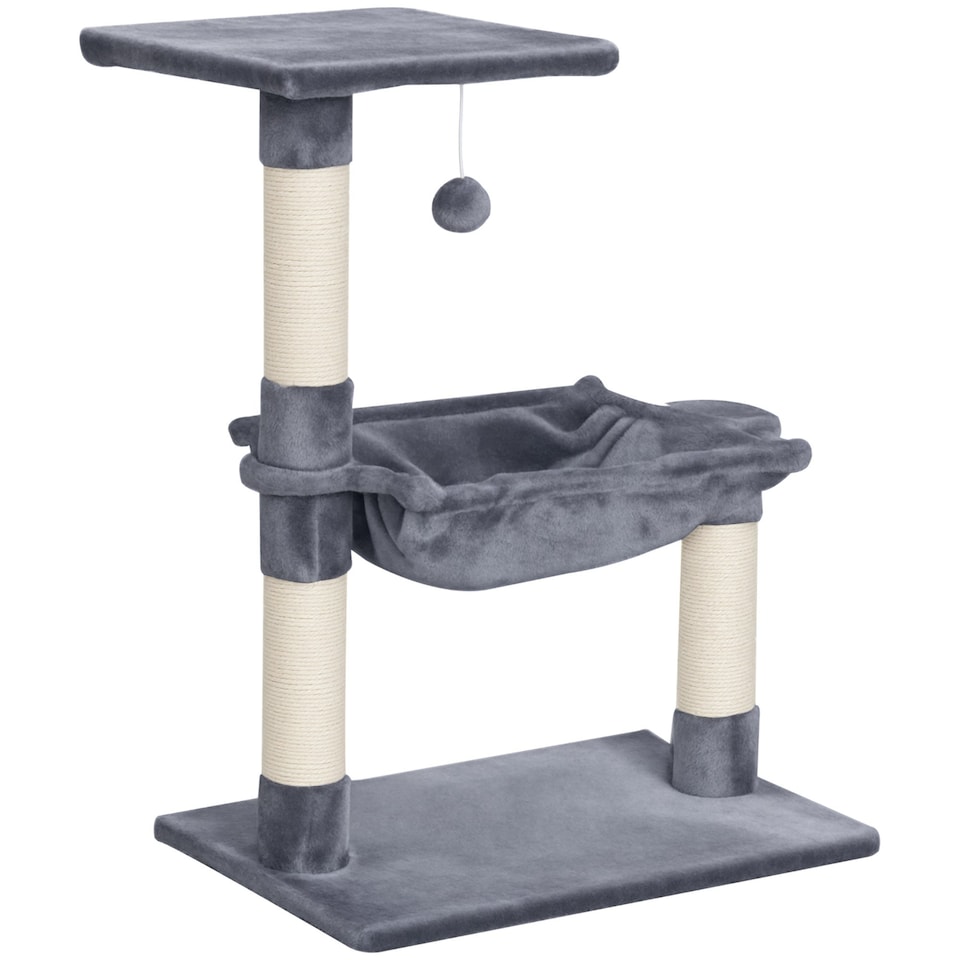 image 1 of PawHut Cat Tree Scratch Post with Bed Hammock Sisal for Indoor Cats Grey