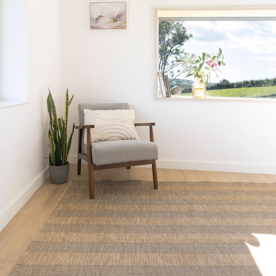 image 1 of KUKOON Leni Machine Washable Striped Rug – Modern Beige Jute-Look Area Mat 60cm x 240cm