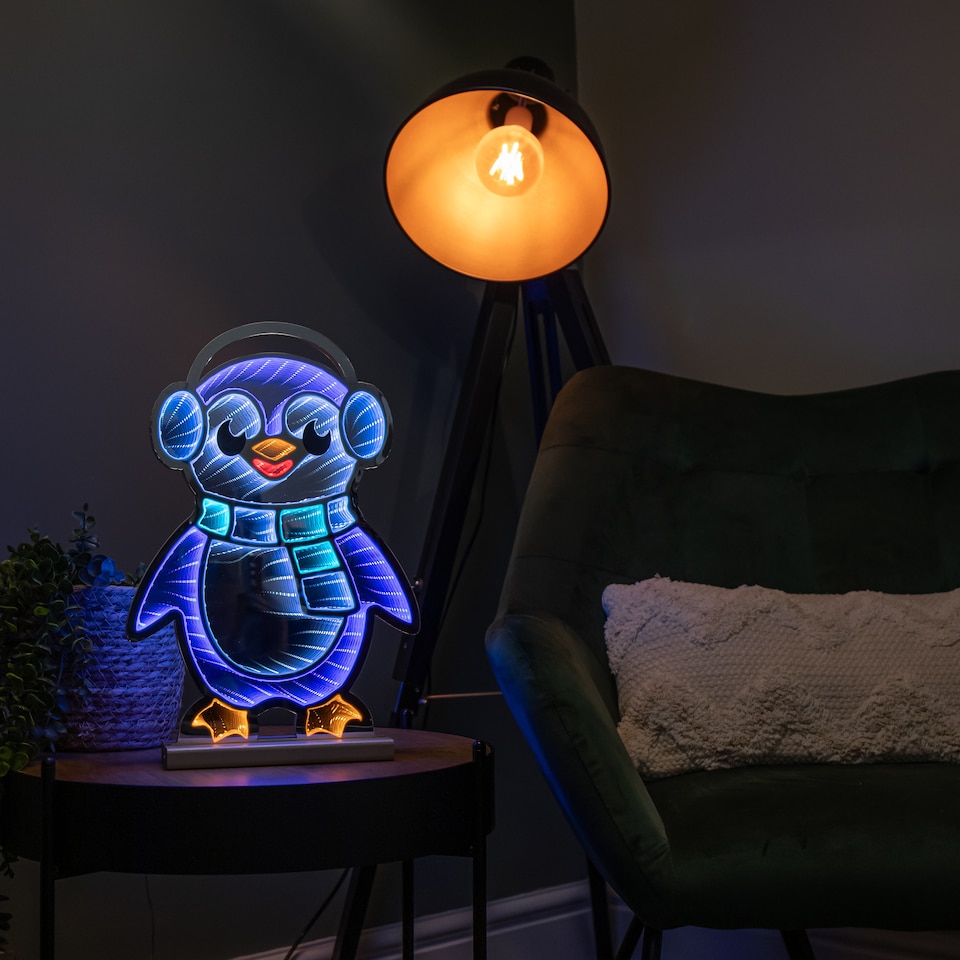 image 1 of 40cm Light up Penguin Infinity Christmas Decoration with Blue and White LEDs