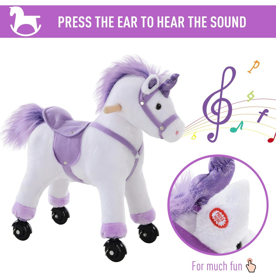 image 1 of HOMCOM Kids Plush Ride-On Unicorn, with Realistic Sounds, Handlebar, Purple