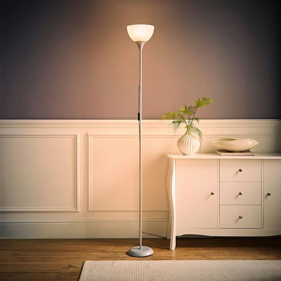 image 1 of ValueLights Dalby Chrome Uplighter Floor Lamp White Shade & Bulb | Silver