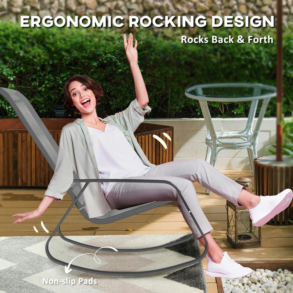 image 1 of Outsunny Garden Rocking Chairs with Armrests, High Back, Grey