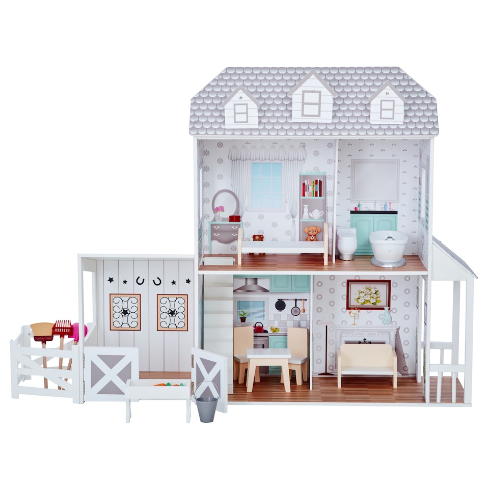image 1 of Teamson Kids 2-Story Wooden Dollhouse with Stable, Grey, Farmhouse