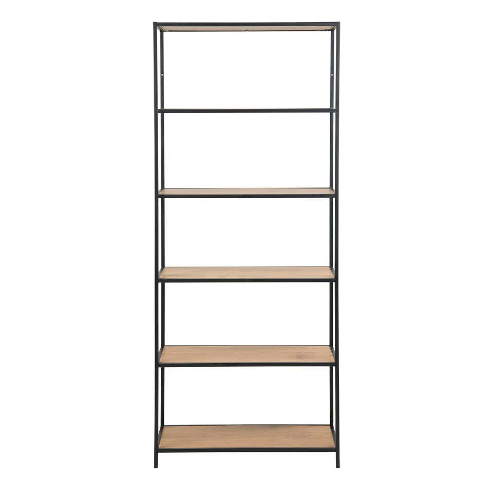 image 1 of Seaford Tall Black Metal Bookcase with 5 Shelves in Oak