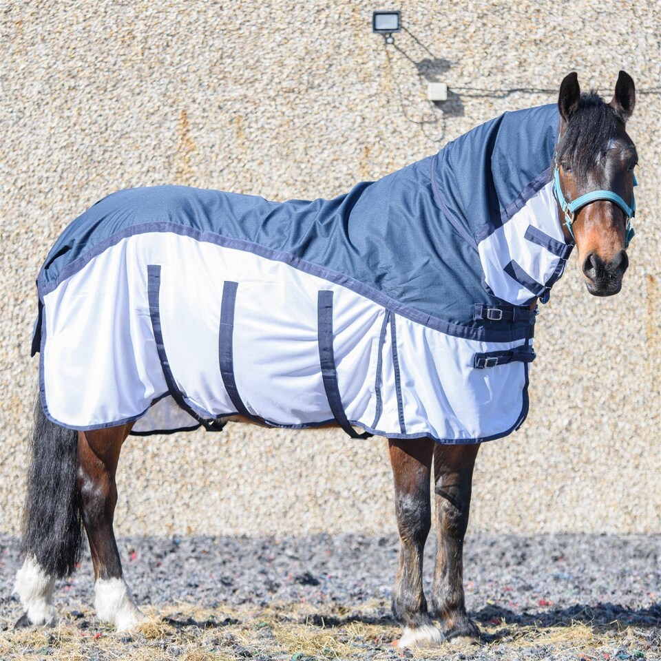 image 1 of eQuitack 600D 2 in 1 Waterproof Fly Turnout Mesh Horse Rug Fixed Neck Blue/White 6'0''