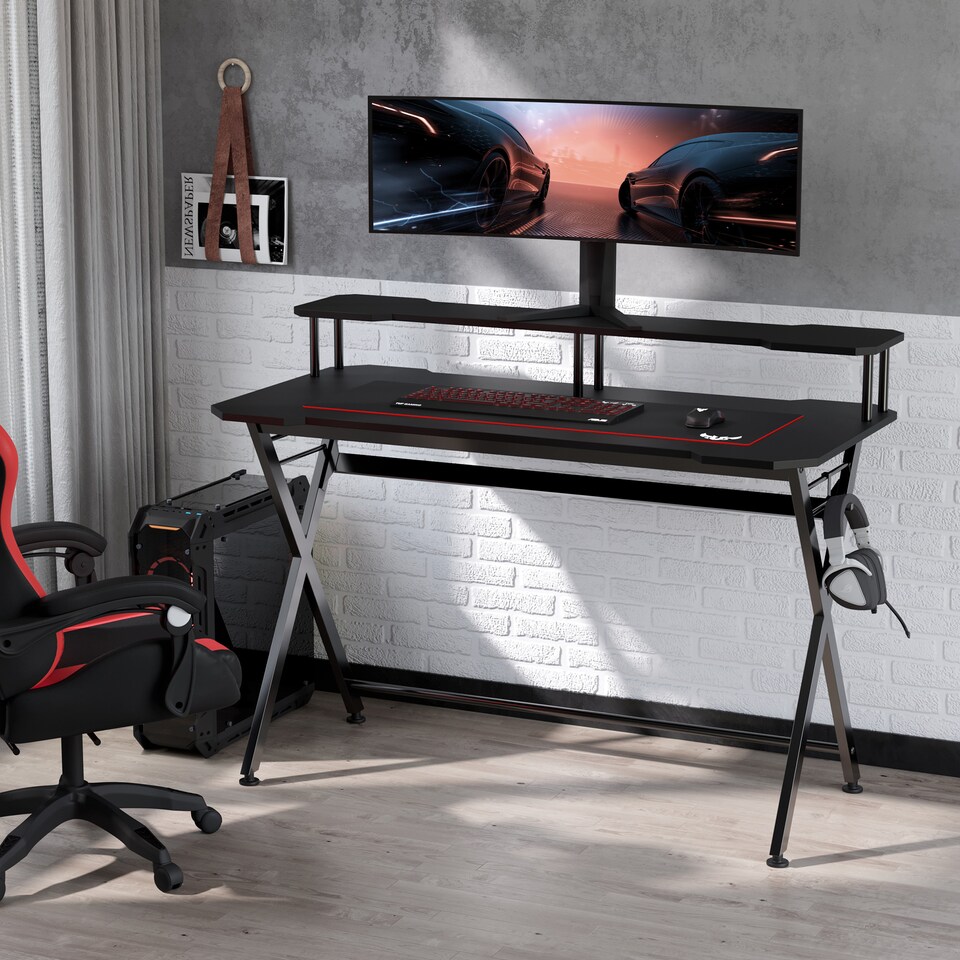 image 1 of HOMCOM Gaming Desk Writing Racing Computer Table Workstation with Headphone Hook Curved Front Adjustable Feet for Home Office Use 140 x 60cm