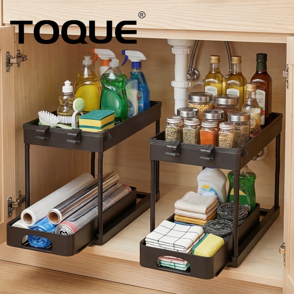 image 1 of Toque Under Sink Storage Kitchen Sliding Drawer Pull Out Organiser 2 Pack Black