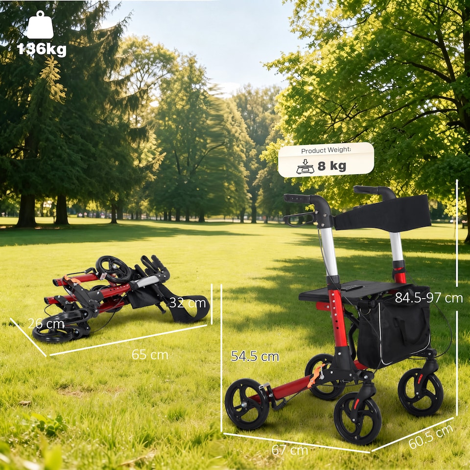 image 1 of HOMCOM Folding Rollator Walker w/ Seat Storage Bag Adjustable Handle for Seniors