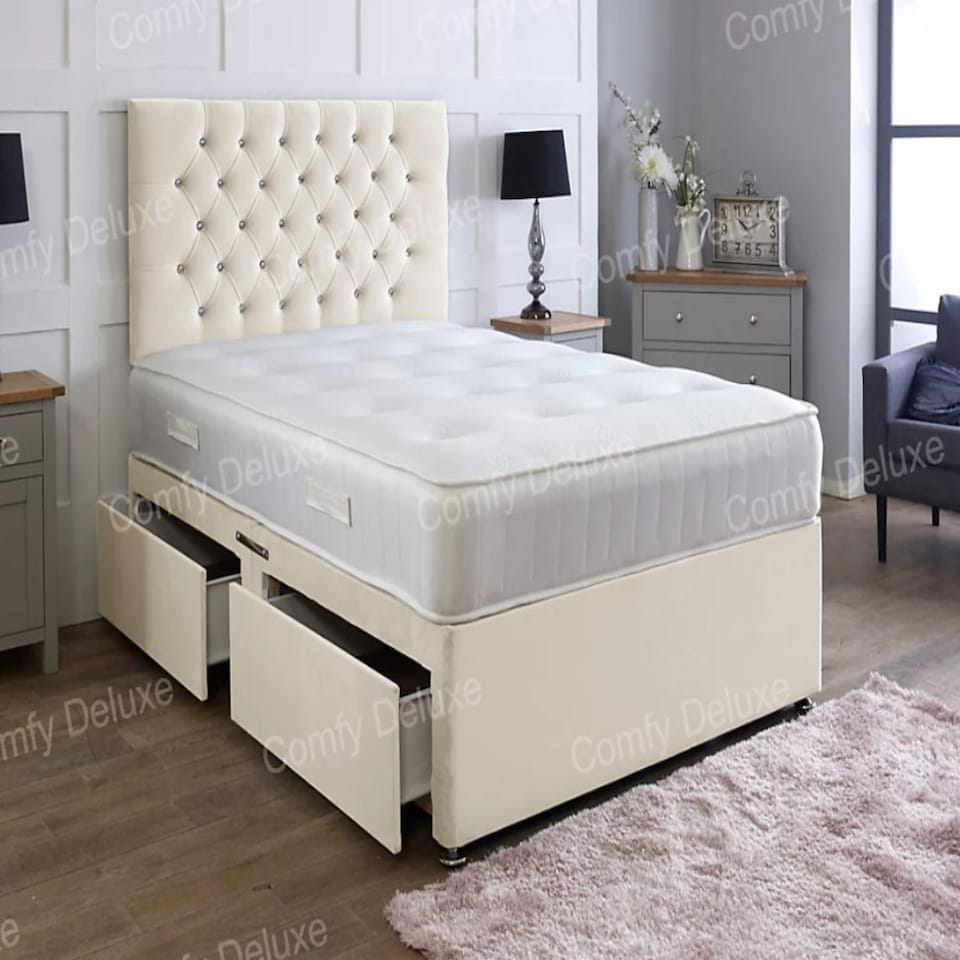 4ft6 Double Cream Plush Velvet Divan Bed With Headboard & Memory Sprung Mattress No Drawers