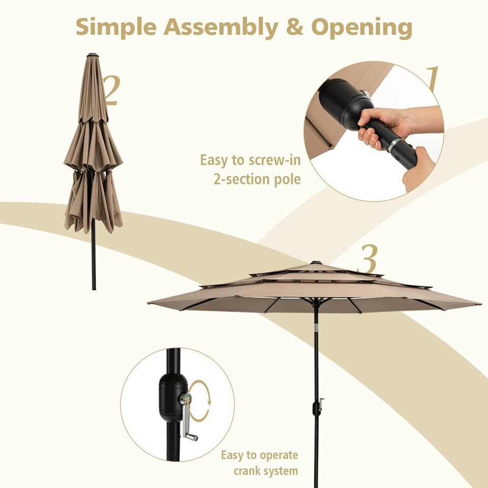 image 1 of COSTWAY 3-Tier Patio Umbrella Double Vented Crank Market Parasol Brown