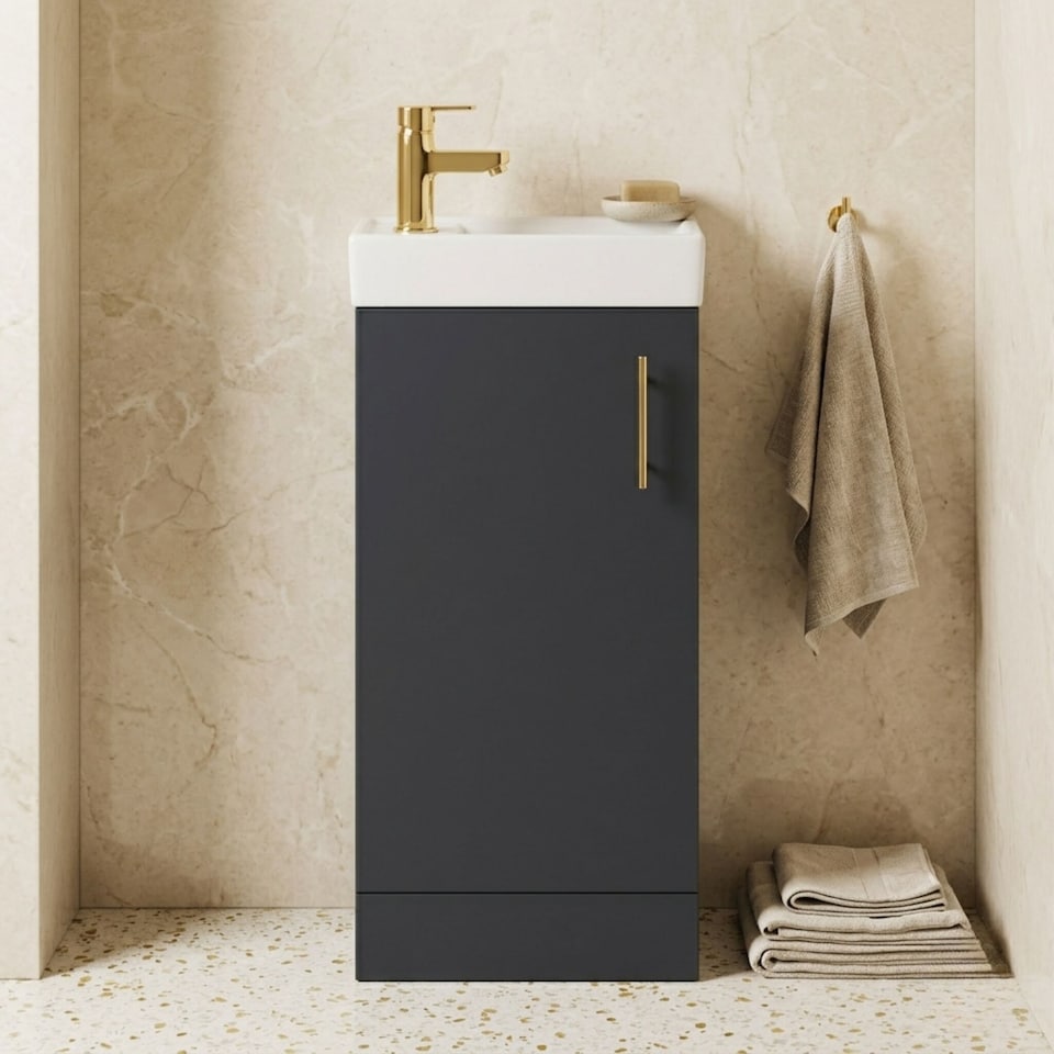 image 1 of Balterley Bathroom Contemporary Floor Standing Vanity Wash Basin & Handle | Grey | Satin Soft Black