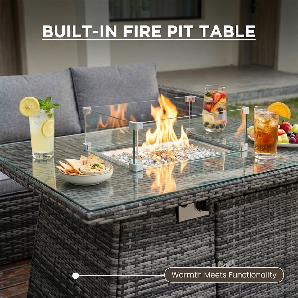 image 1 of Alivio 8-Seater Rattan Garden Furniture Set, Luxury PE Rattan Sofa with Gas Fire Pit Table & Cushions | Grey