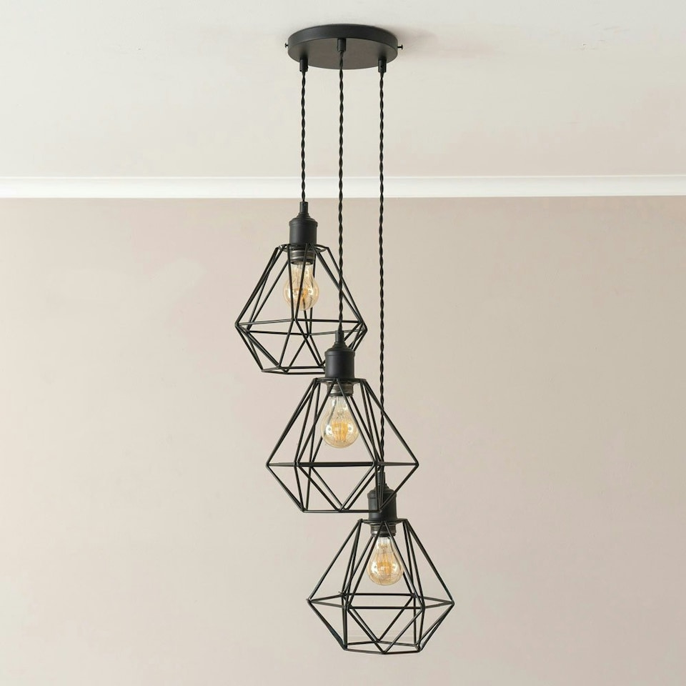 image 1 of ValueLights Diablo Geometric 3 Drop Cluster Matte Black Ceiling Pendant Light with Bulbs Black