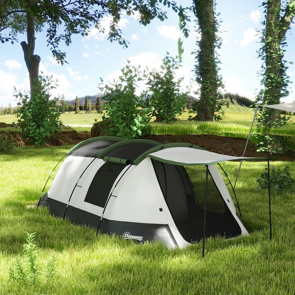 image 1 of Outsunny Tunnel Tent with Bedroom, Living Room and Porch for 3-4 Man, Green